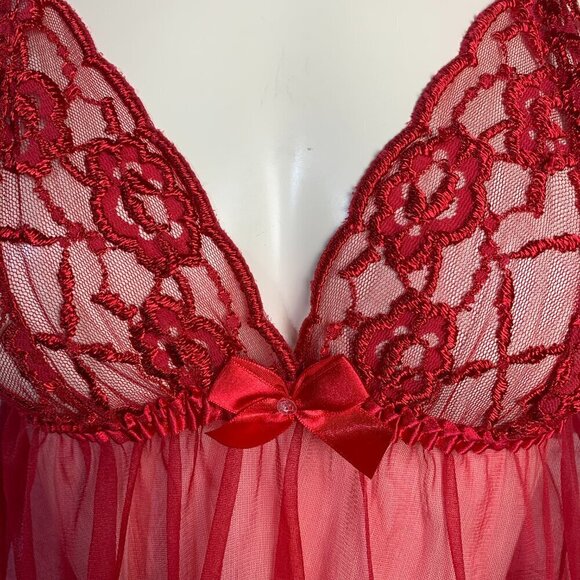Fredricks of Hollywood Red Sheer Mesh Lace Babydoll Camisole Slip Lingerie - Picture 3 of 16